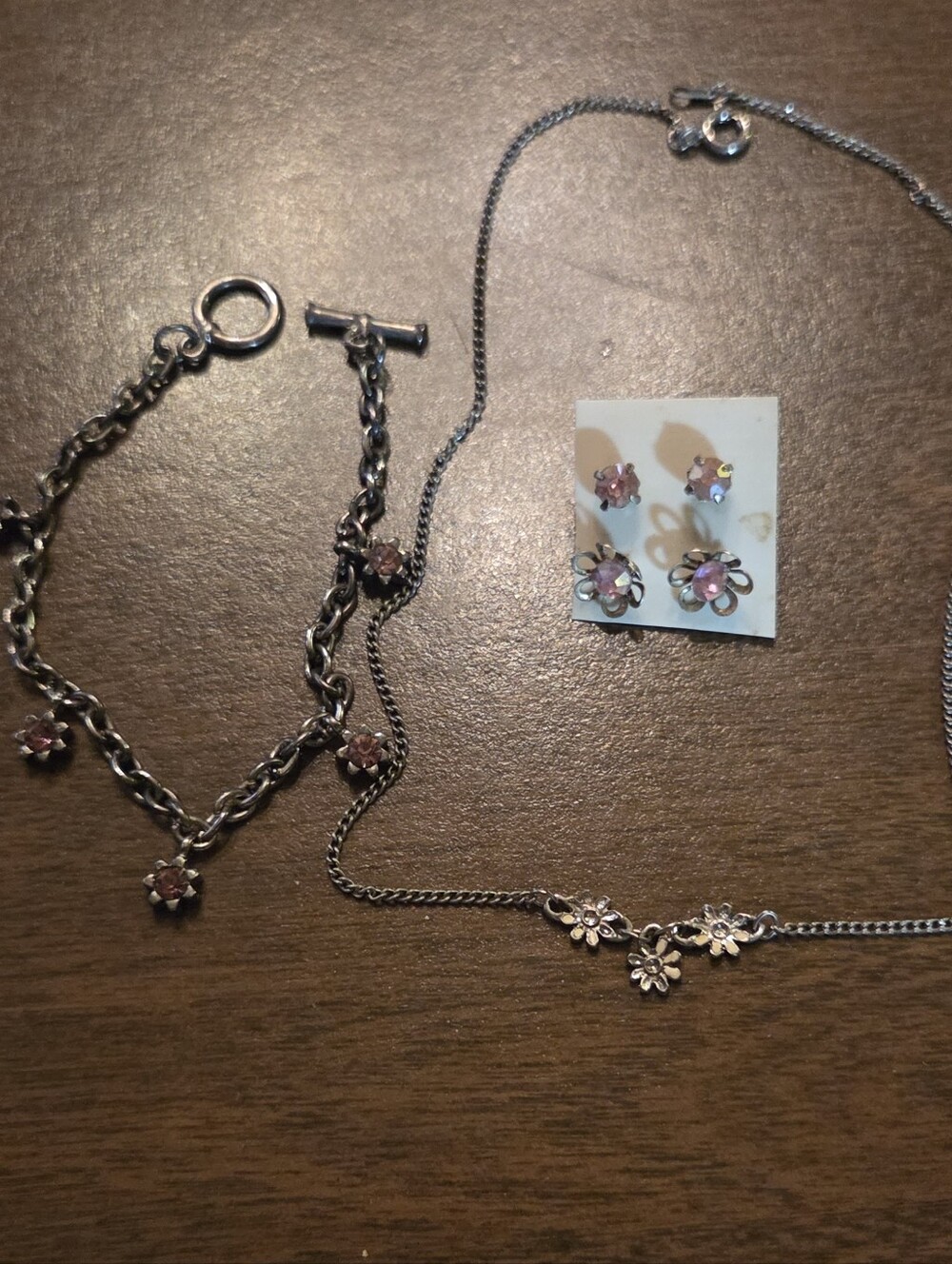 Vtg Silver Floral Pink Crystal Jewelry Set - Brand Unbranded